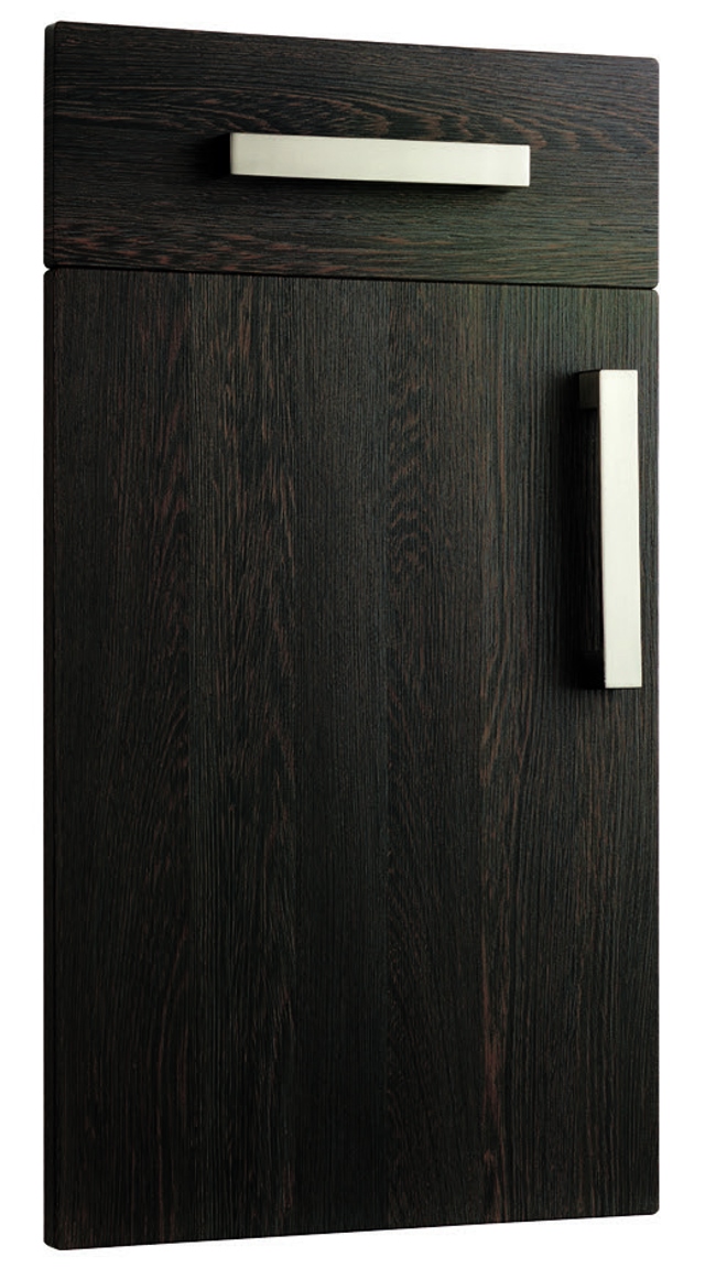 Black wood effect Cubist Mali door design with silver metal handles